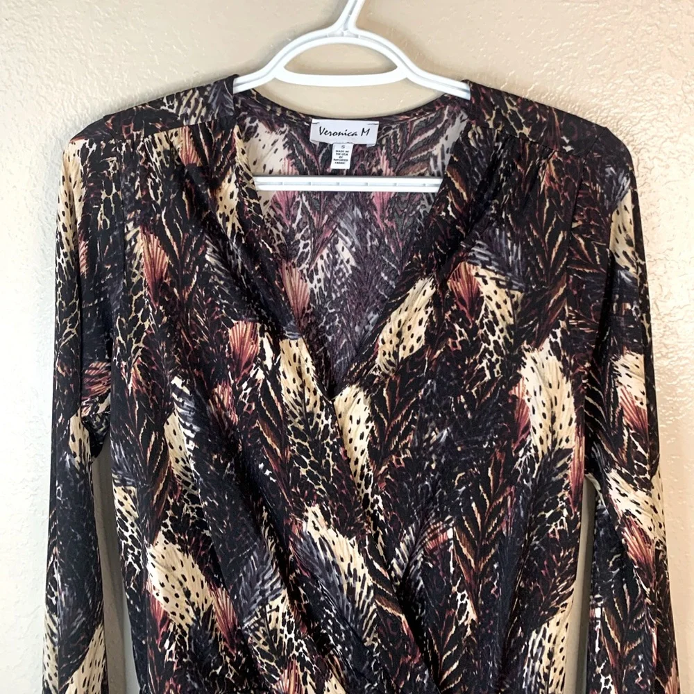 Veronica M Boho Feather Print Surplice Faux Retro Wrap Bell Sleeve Blouse Size S